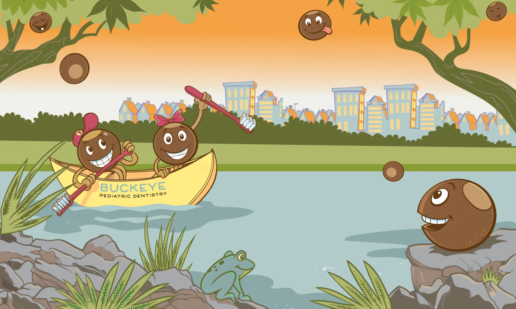 Illustrated forest scene with buckeye characters